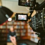 Professional cinema camera on set during an interview shoot